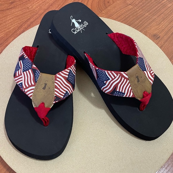 Corkys Shoes New Patriotic Red White Blue Flag Flip Flops Sandals